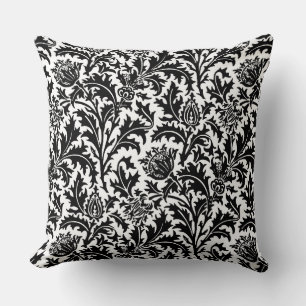 William Morris Distel Damast, Schwarz auf Weiß Kissen