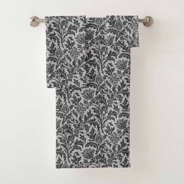 William Morris-Distel-Damast, silbernes Grau/Grau Badhandtuch Set (Insitu)