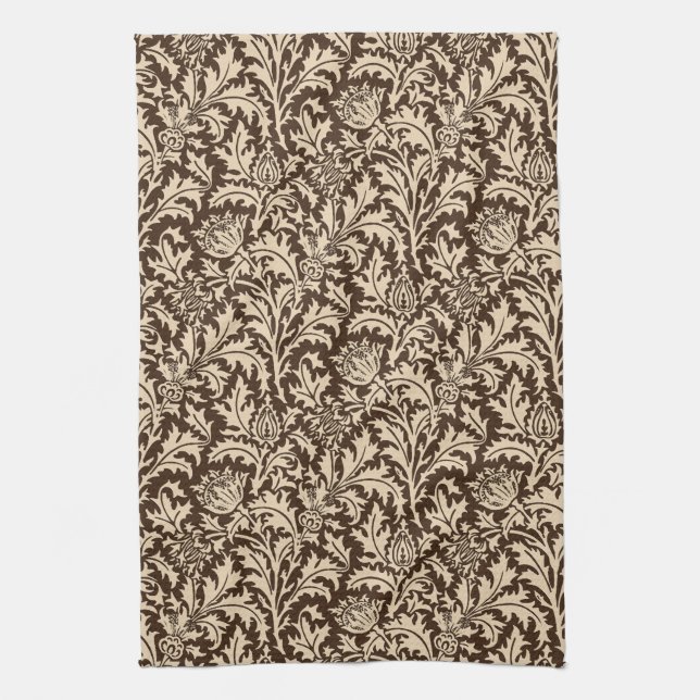 William Morris-Distel-Damast, Taupe TAN u. Beige Geschirrtuch (Vertikal)