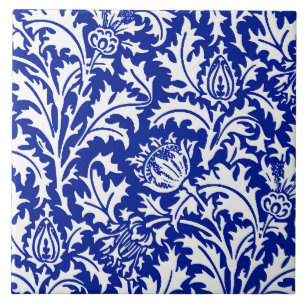 William Morris Distel Damast Weiß auf Kobaltblau Fliese