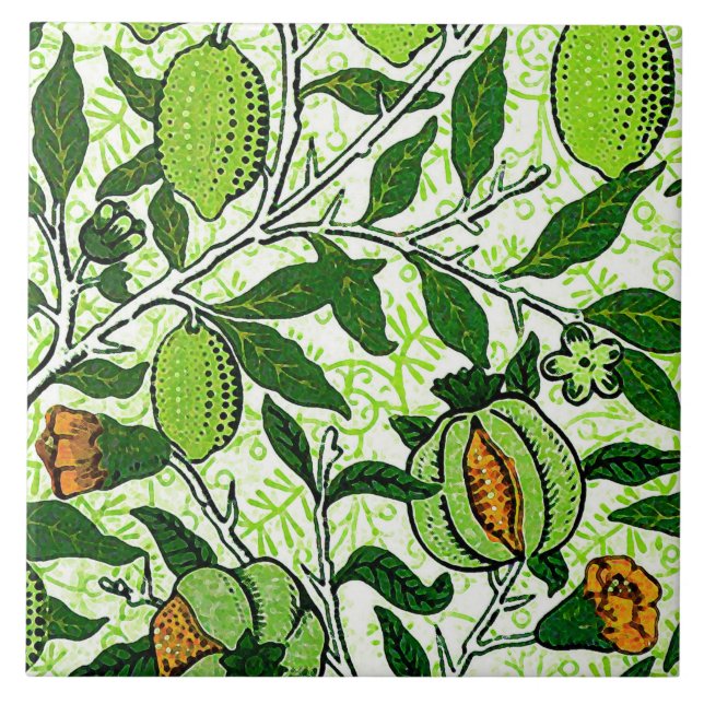 William Morris Exotic Frucht, Lime Green & Coral Fliese (Vorderseite)