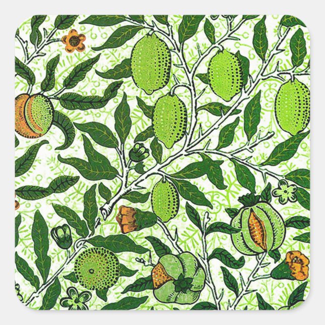 William Morris Exotic Frucht, Limettengrün Quadratischer Aufkleber (Vorderseite)