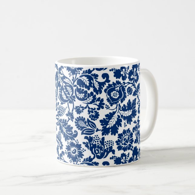 William Morris Floral Damask, Cobalt Blue auf Weiß Kaffeetasse (VorderseiteRechts)