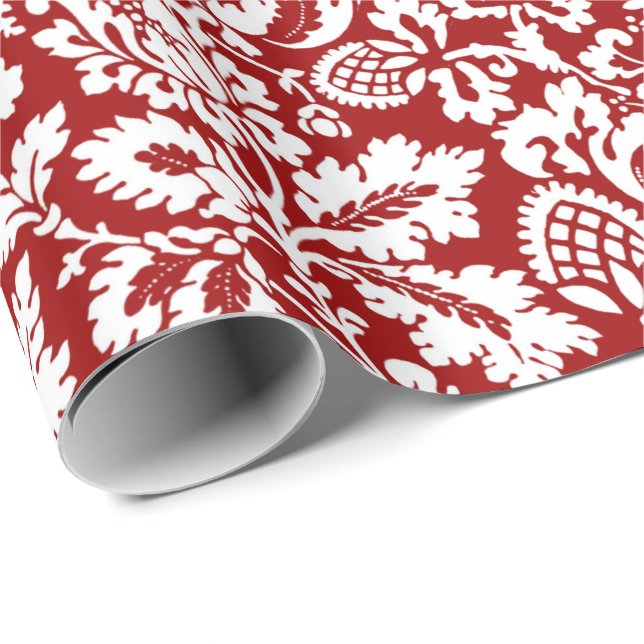 William Morris Floral Damask, Deep Red und White Geschenkpapier (Rolleneckpunkt)