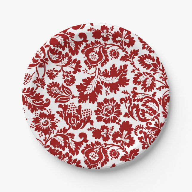 William Morris Floral Damask, Deep Red und White Pappteller (Vorderseite)