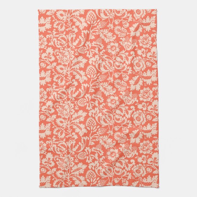 William Morris Floral Damask, Peach und Coral  Geschirrtuch (Vertikal)