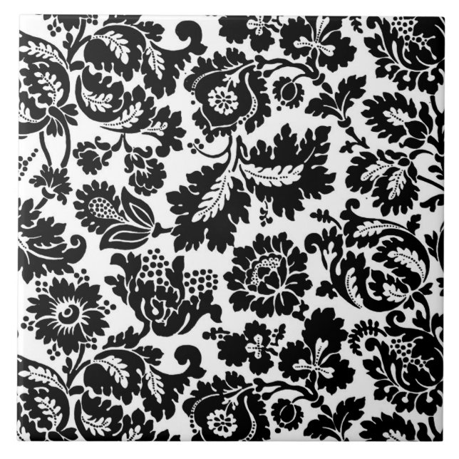 William Morris Floral Damask, Schwarz auf Weiß Fliese (Vorderseite)