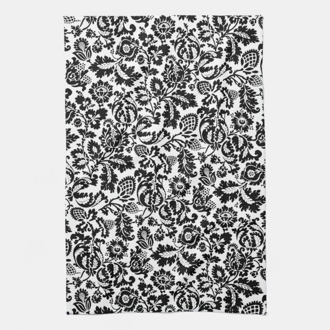 William Morris Floral Damask, Schwarz auf Weiß Geschirrtuch (Vertikal)