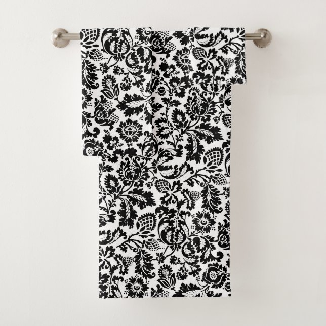 William Morris Floral Damask, Schwarz und Weiß Badhandtuch Set (Insitu)