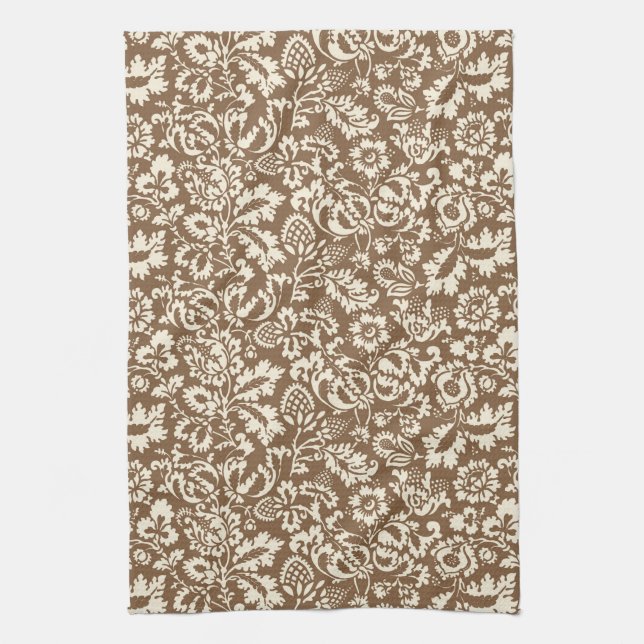 William Morris Floral Damask, Taupe Tan und Beige  Geschirrtuch (Vertikal)