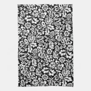 William Morris Floral Damask, White on Black Geschirrtuch