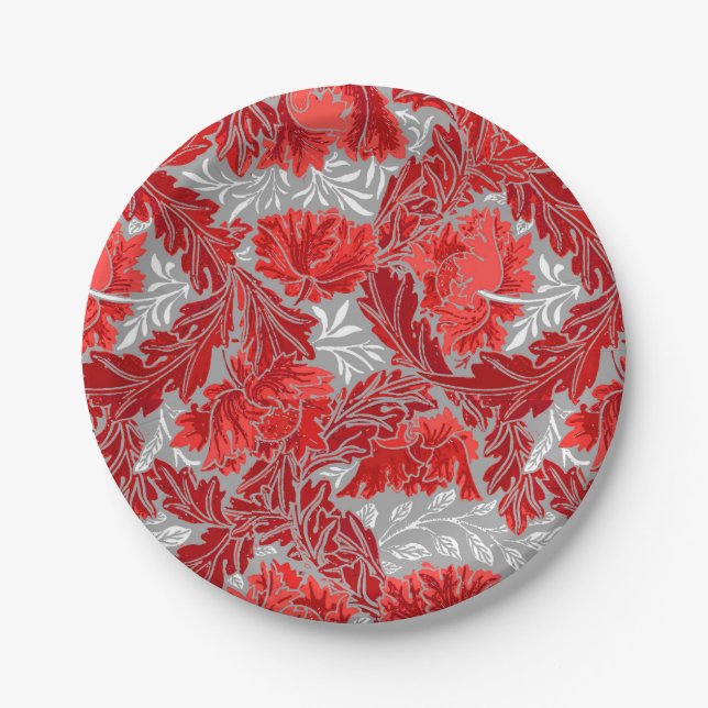 William Morris Floral, Deep Red und Gray / Grau Pappteller (Vorderseite)