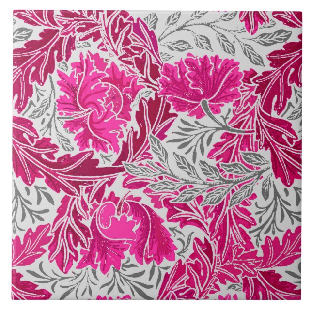 William Morris Floral, Fuchsia Pink & Gray / Grau Fliese (Vorderseite)