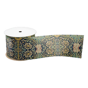 William Morris Floral Pattern Gold Turquoise Red Satinband