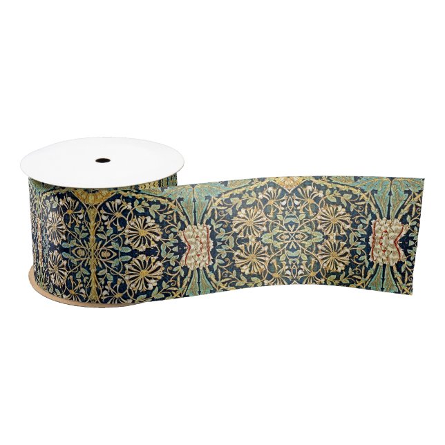 William Morris Floral Pattern Gold Turquoise Red Satinband (Spule)