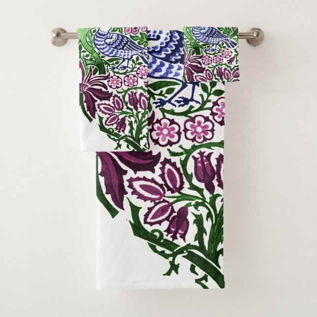 William Morris Folk Art Birds Blume Acorns Badhandtuch Set (Insitu)