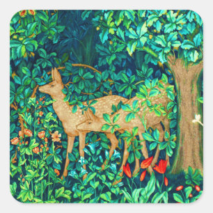 William Morris Forest Deer Tapestry Quadratischer Aufkleber