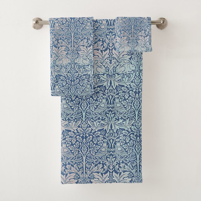 William Morris Forest Rabbit Bird Foliage Blue Badhandtuch Set (Insitu)
