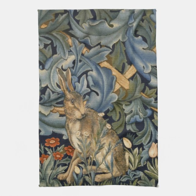 William Morris Forest Rabbit Floral Art Nouveau Geschirrtuch (Vertikal)