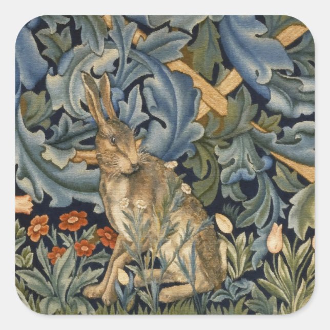 William Morris Forest Rabbit Floral Art Nouveau Quadratischer Aufkleber (Vorderseite)
