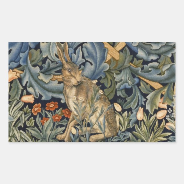 William Morris Forest Rabbit Floral Art Nouveau Rechteckiger Aufkleber (Vorderseite)