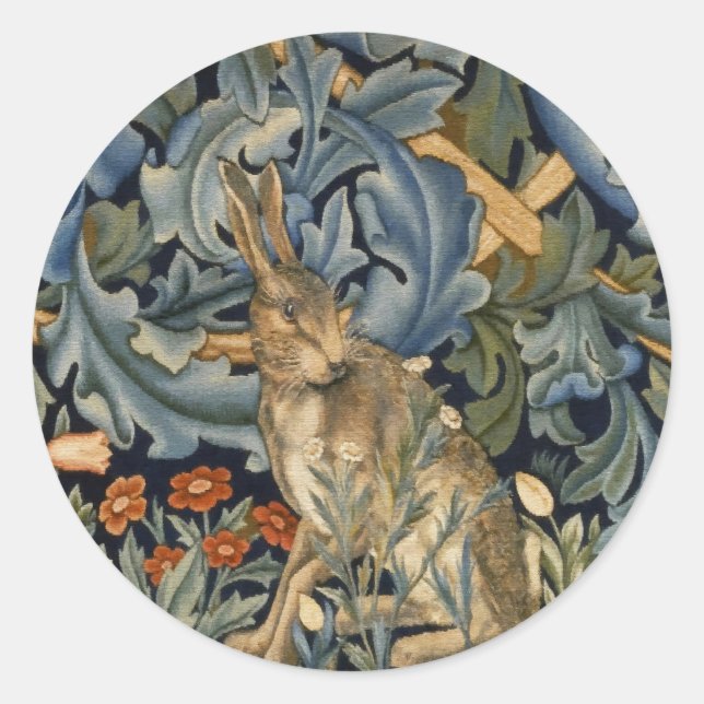 William Morris Forest Rabbit Floral Art Nouveau Runder Aufkleber (Vorderseite)