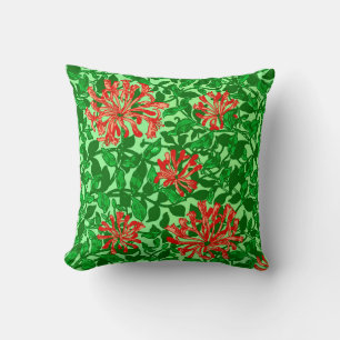 William Morris Geißblatt, Korallenrot und Grün Kissen
