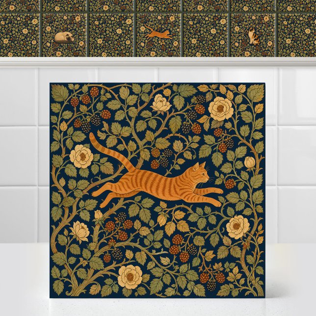 William Morris Ginger Tabby Katze springt über Bal Fliese (Art Nouveau Antique Pattern William Morris Orange  Tabby Cat Leaping Canopy Ceramic Tile Mural)