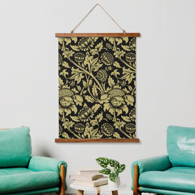 William Morris Gold und Black Floral Wandteppich Mit Holzrahmen (Wohnzimmer)