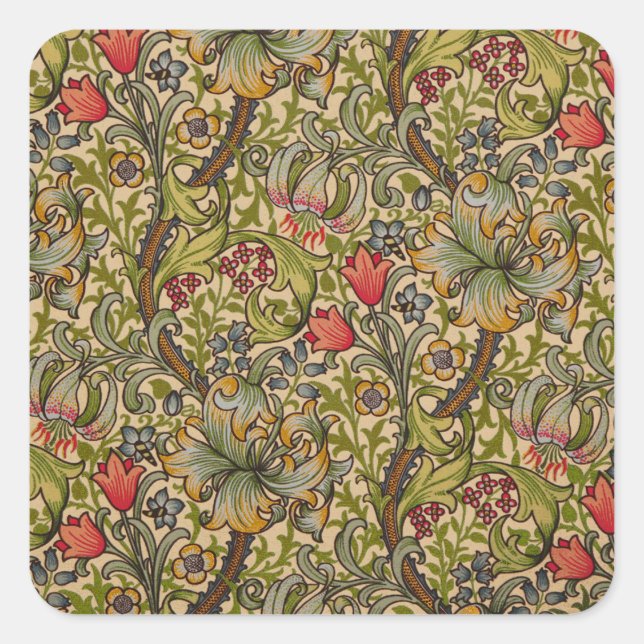William Morris Golden Lily Antique Quadratischer Aufkleber (Vorderseite)