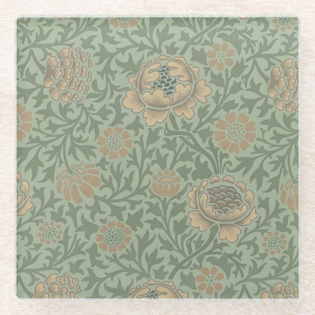 William Morris Grafton Blummenmuster Salbeigrün  Glasuntersetzer (Vorderseite)