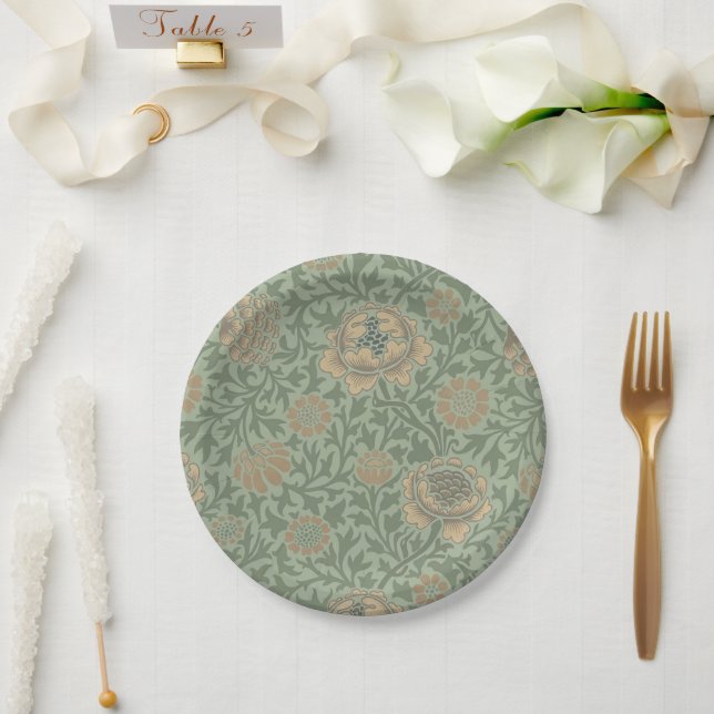 William Morris Grafton Blummenmuster Salbeigrün  Pappteller (Hochzeit)