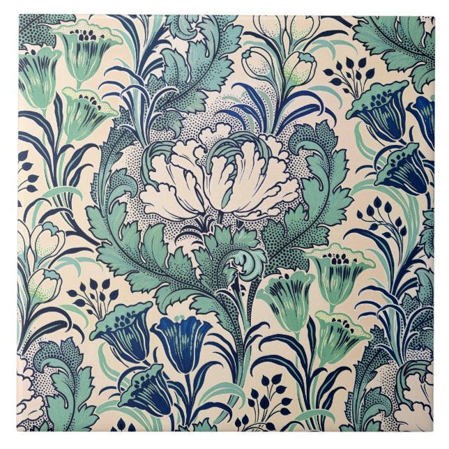William Morris Green Aquamarin Creme Floral Patter Fliese (Vorderseite)