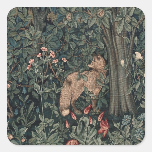 William Morris Greenery Fox Wildlife Quadratischer Aufkleber (Vorderseite)