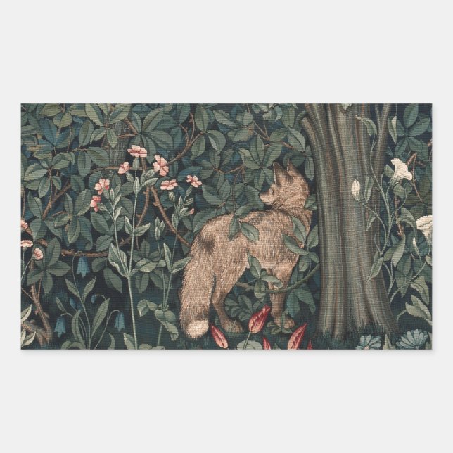 William Morris Greenery Fox Wildlife Rechteckiger Aufkleber (Vorderseite)