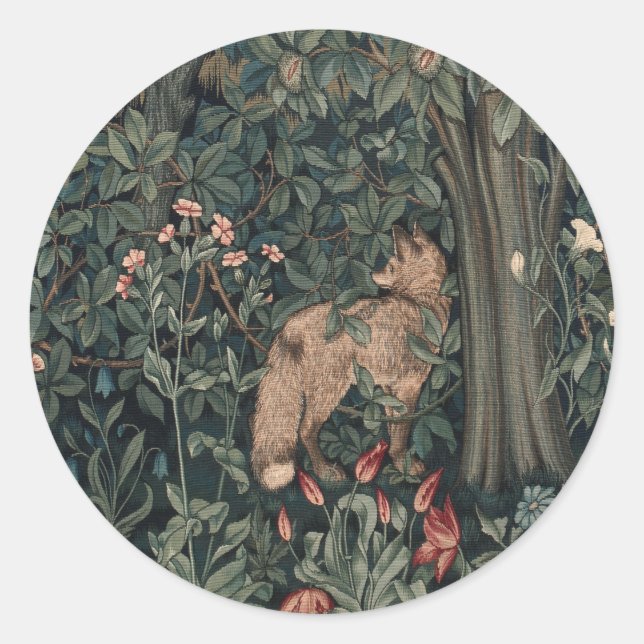William Morris Greenery Fox Wildlife Runder Aufkleber (Vorderseite)