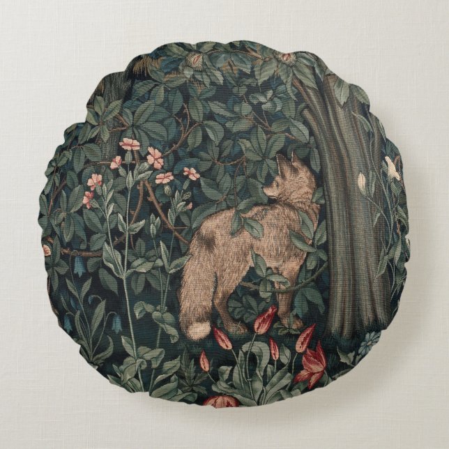 William Morris Greenery Fox Wildlife Rundes Kissen (Vorderseite)
