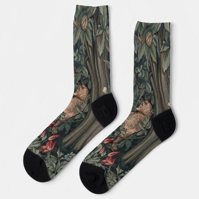 William Morris Greenery Fox Wildlife Socken (Linkes Detail)
