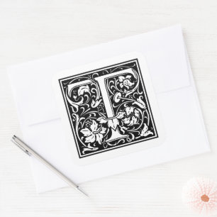 William Morris Großbuchstabe T auf Weiß Quadratischer Aufkleber