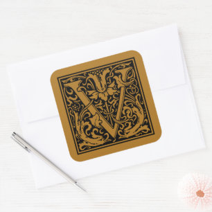 William Morris Großbuchstabe V Matt Antikgold Quadratischer Aufkleber