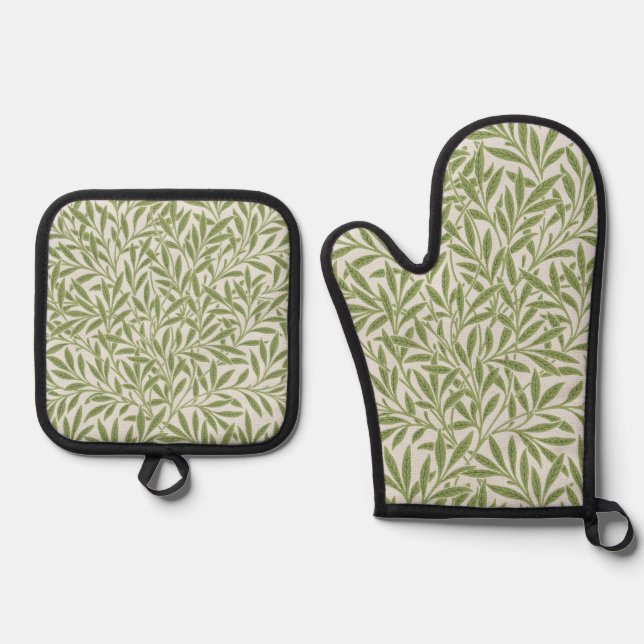 William Morris Grünes Blumen Botanisches Muster Ofenhandschuh & Topflappen-Set (Vorderseite)