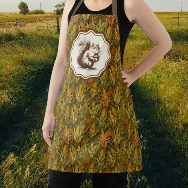 William Morris Herbstmais Eichhörnchen Retro  Schürze (Fun squirrel and corn apron!)