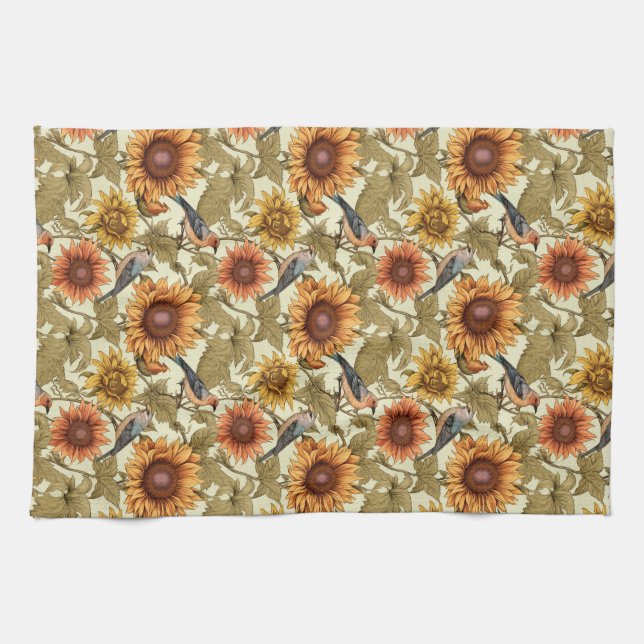 William Morris Herbstsonnenblumen Vögel Herbst Geschirrtuch (Horizontal)