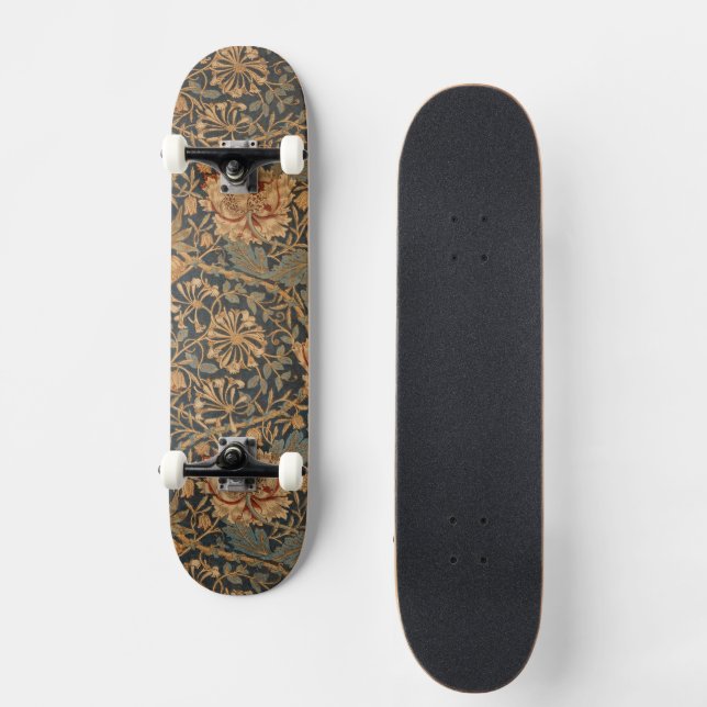 William Morris Honeysuckle Rich Red Dark Blue Skateboard (Vorderseite)