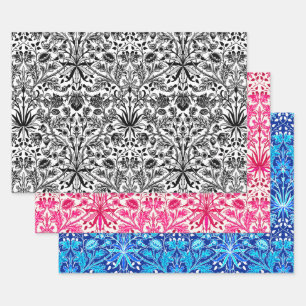 William Morris Hyacinths, Schwarz/Weiß, Rosa, Blau Geschenkpapier Set