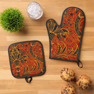 William Morris India Rot Blumen Vintage Klassiker Ofenhandschuh & Topflappen-Set