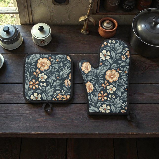 William Morris Inspired Botanical Style Pattern Ofenhandschuh & Topflappen-Set (Von Creator hochgeladen)