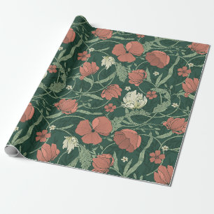 William Morris Inspiriert Grün Rotes Botanisches F Geschenkpapier