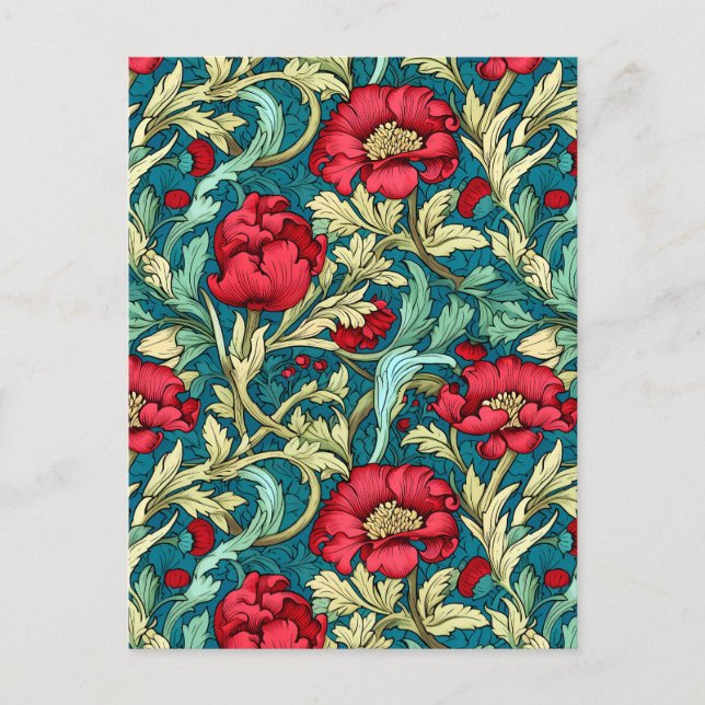 William Morris Inspiriert Red Blume Pattern Postkarte (Vorderseite)