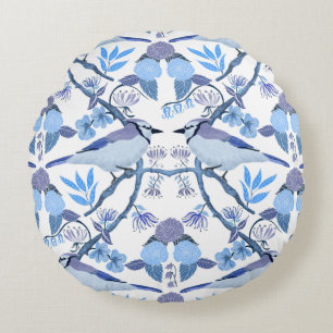 William Morris inspirierte Blauracken-Botanik Rundes Kissen